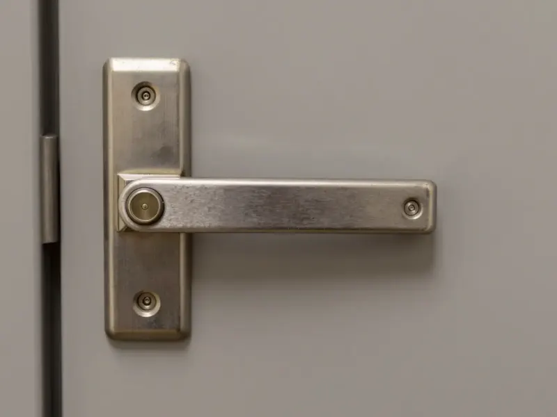 Schlichter Metalldrücker auf einem langen Türschild an einer grauen Tür