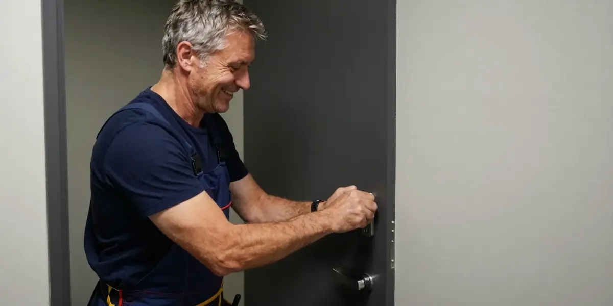 Monteur öffnet das Schloss einer Wohnungstür