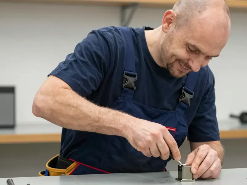 Handwerker misst auf der Werkbank die Länge eines Profilzylinders