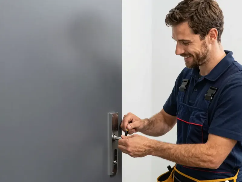 Handwerker arbeitet mit einem feinen Werkzeug am Zylinder einer grauen Tür