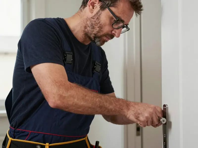 Monteur mit Brille arbeitet am Türgriff einer hellen Wohnungstür