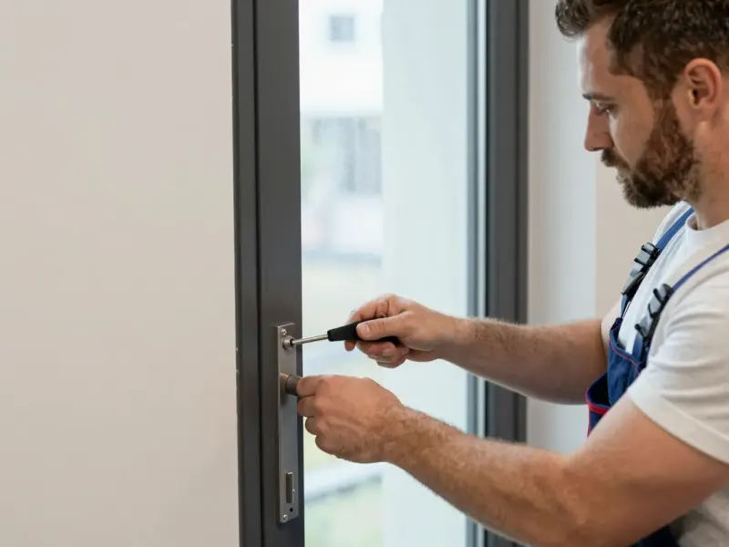 Monteur arbeitet im Gegenlicht am Schloss einer Wohnungstür