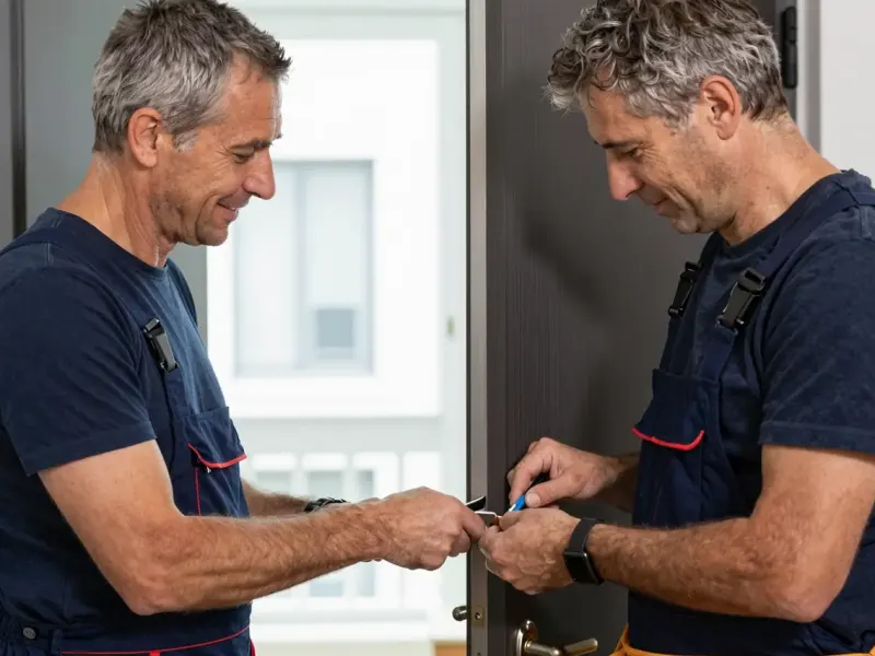 Zwei Handwerker in dunkler Arbeitskleidung arbeiten zusammen am Schloss einer dunklen Tür